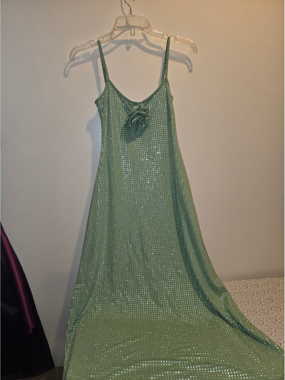 WEWOREWHAT Crystal Slip Dress in Green with Rhinestones XS
